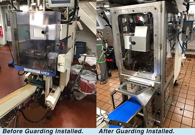 Equipment on a production line in a manufacturing plant before and after custom machine guarding was installed for safety
