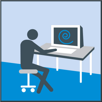 Illustration of a stick figures sitting at a desk and typing on a computer keyboard.