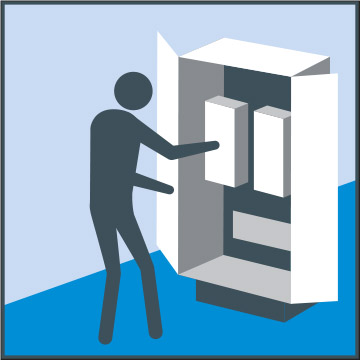 Illustration of a stick figure standing in front of a tall cabinet. The stick figure is reaching for a control panel inside the cabinet.