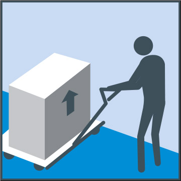 Illustration of a stick figure pulling a cart with a large box on it. The box has an arrow on its side indicating which side is up.