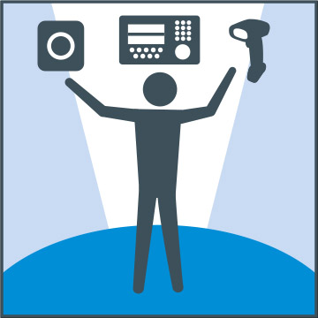 Illustration of a stick figure looking at various objects. One could be a speaker enclosure, another a radio, and the third a handheld device of some kind, like a scanner or hair dryer.