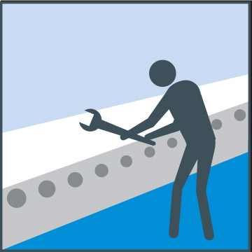 Illustration of a stick figure holding a wrench and standing over an assembly line.