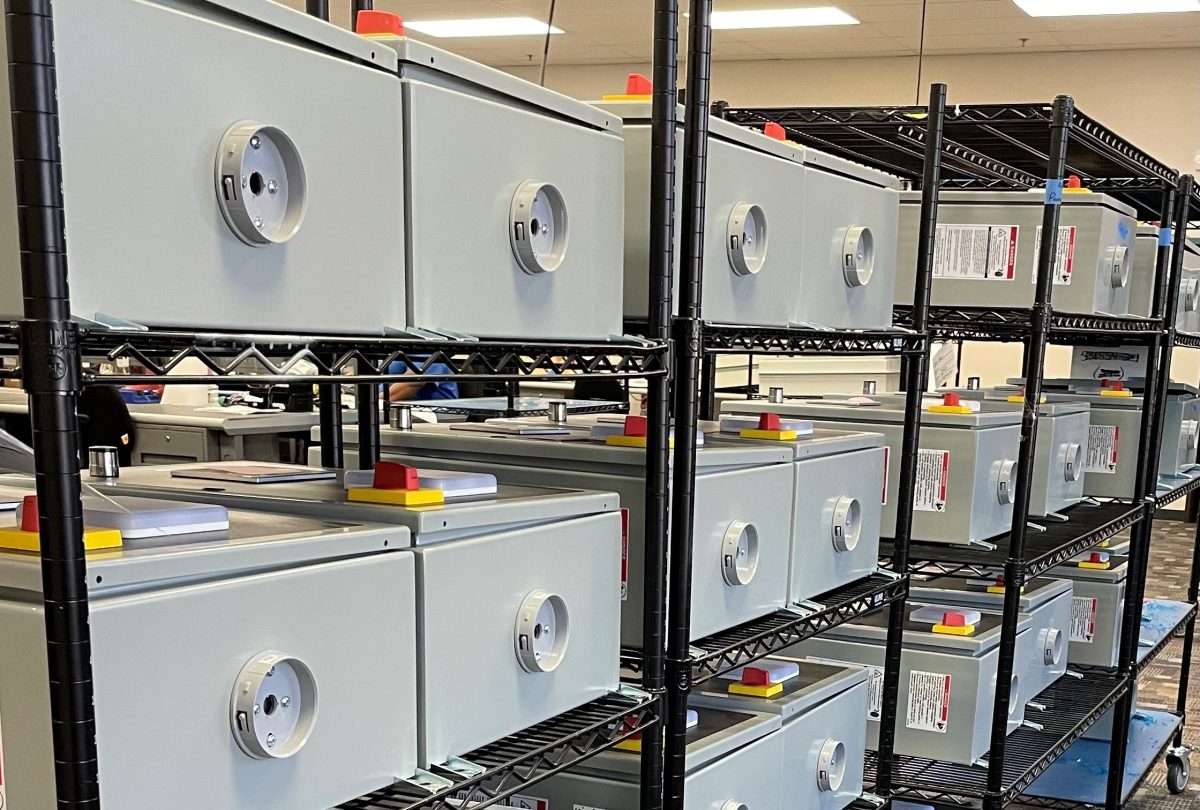 Closeup of a group of panels on a rack that are compliant with the UL-508A standard for industrial control panels
