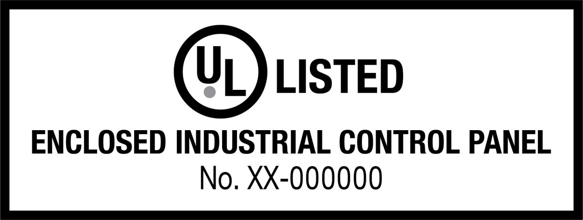 A UL 508A Listing label showing it is an enclosed control panel compliant with the standard for industrial control panels