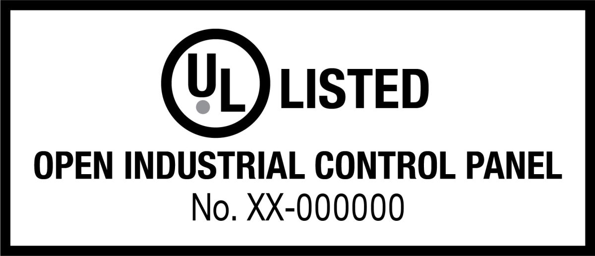 A UL 508A Listing label showing it is an open control panel compliant with the standard for industrial control panels 